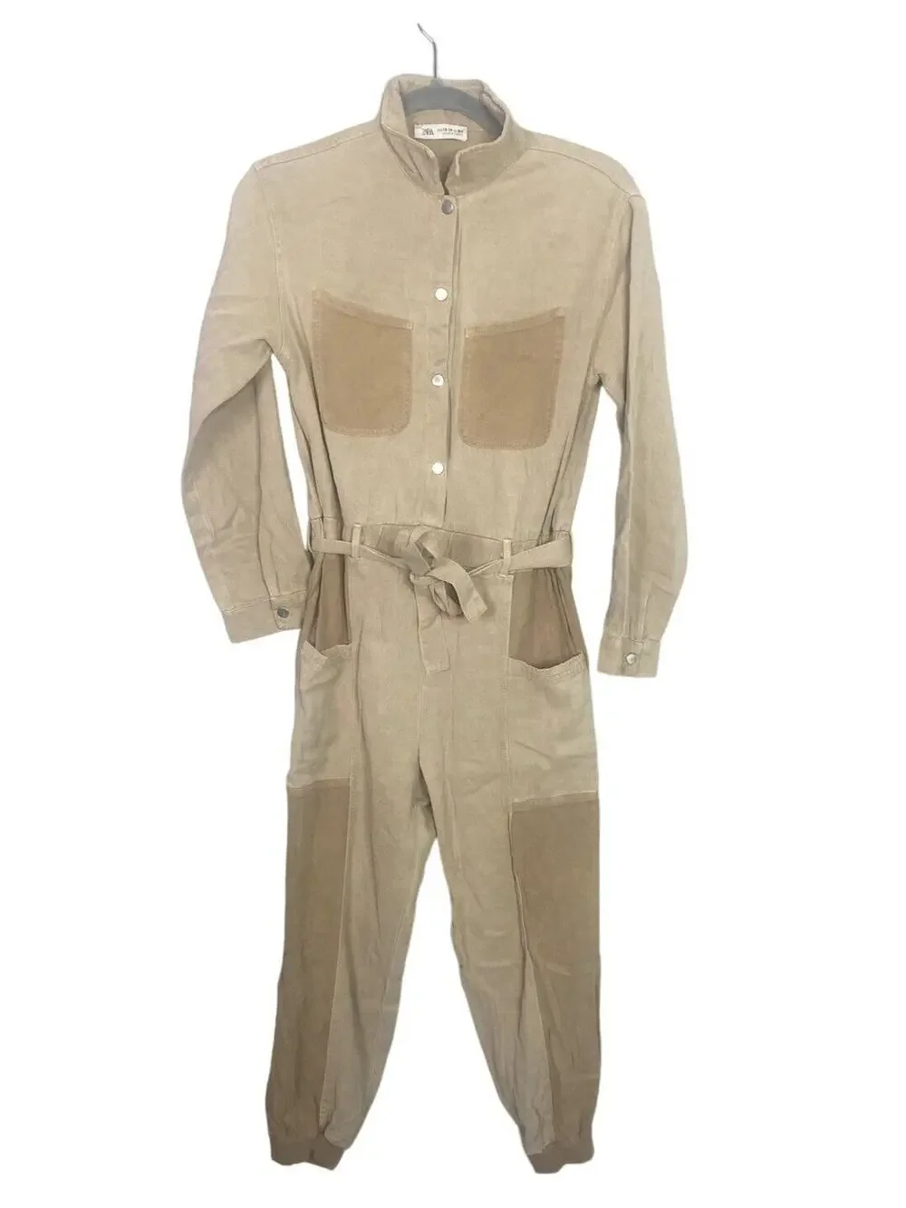 Zara Junior Cuffed Jumpsuit Belted Long Sleeve Pockets One piece 13-14 Tan Beige